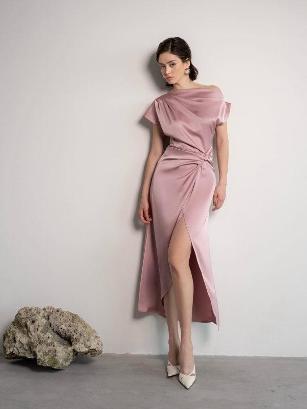 Dusty Rose Silk Midi Dress, Elegant Draped Neck Ruched Waist Gown