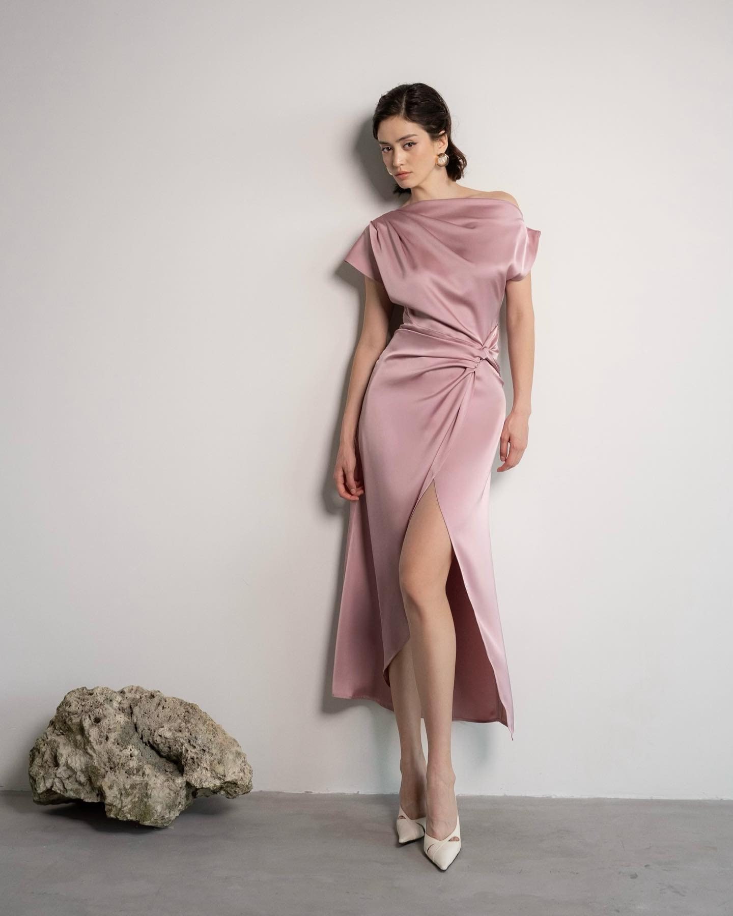 Dusty Rose Silk Midi Dress, Elegant Draped Neck Ruched Waist Gown