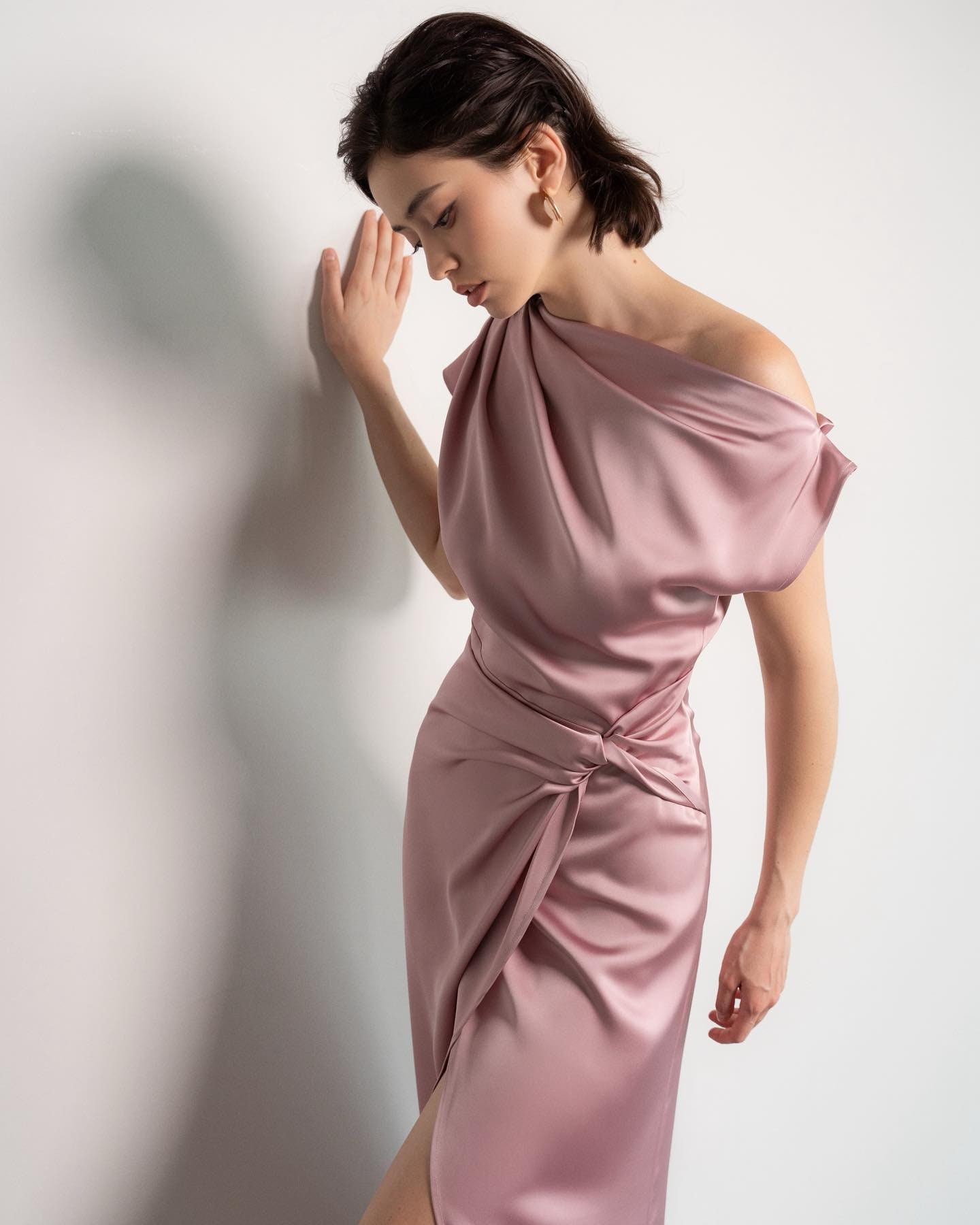 Dusty Rose Silk Midi Dress, Elegant Draped Neck Ruched Waist Gown - Image 2