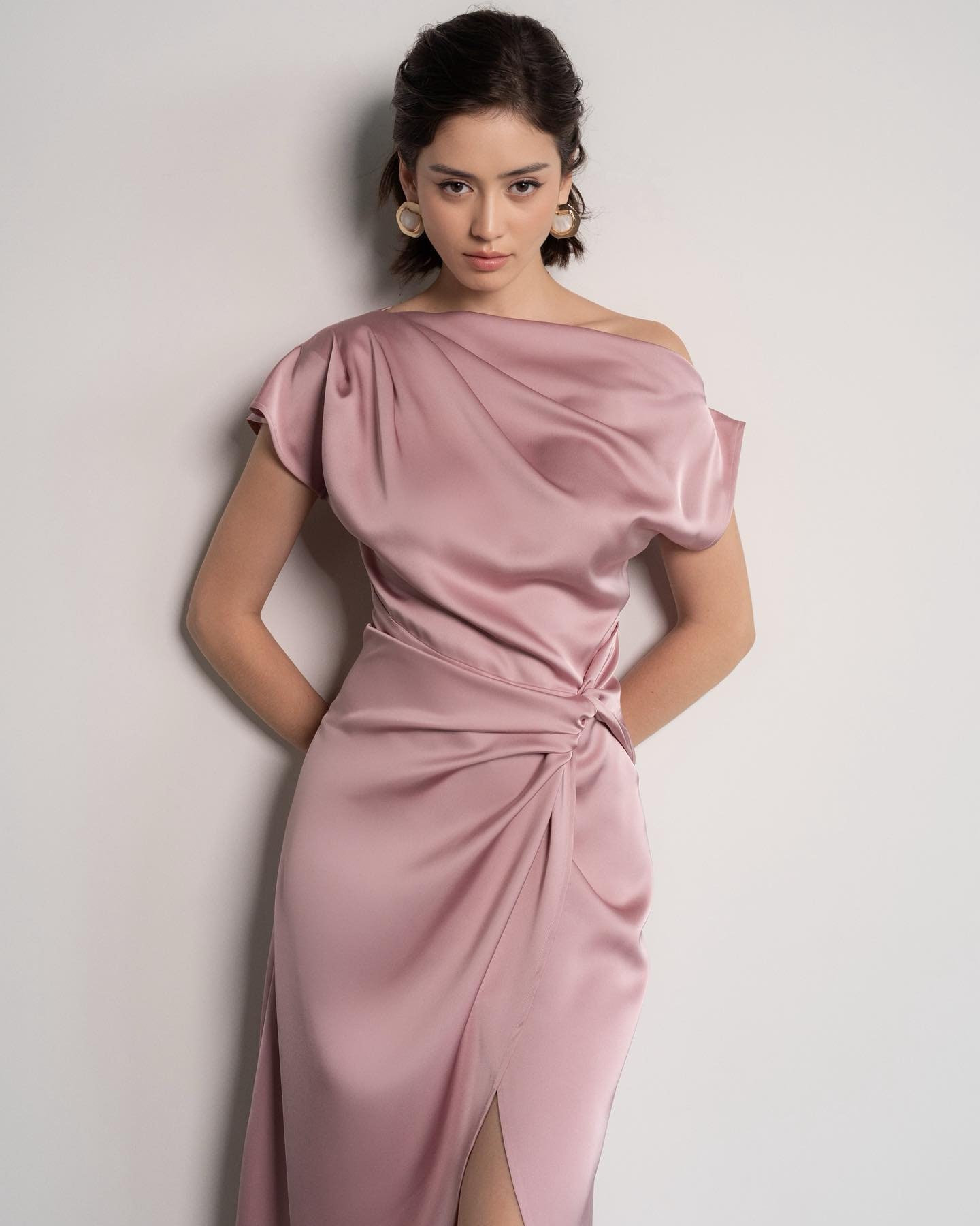 Dusty Rose Silk Midi Dress, Elegant Draped Neck Ruched Waist Gown - Image 4