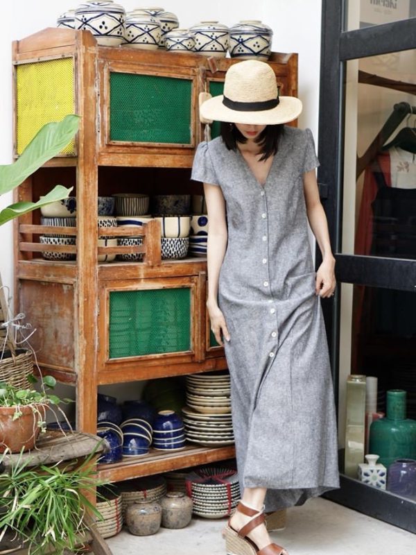 Gray Linen Button Front Maxi Dress, V Neck Short Sleeve A-Line Dress