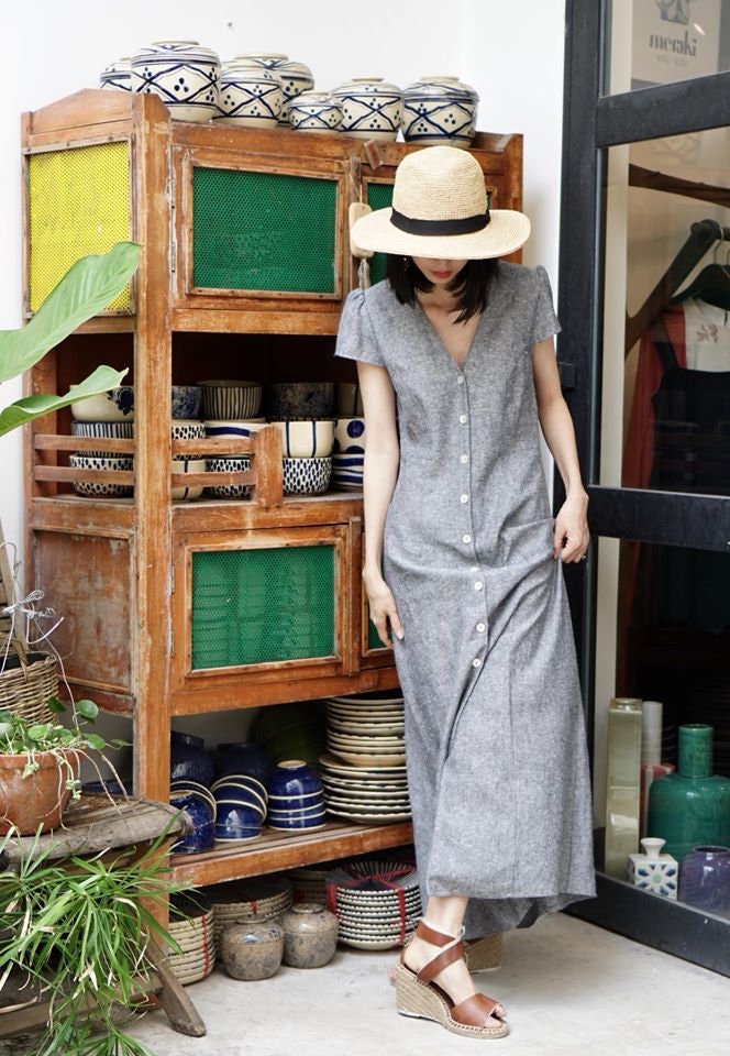 Gray Linen Button Front Maxi Dress, V Neck Short Sleeve A-Line Dress
