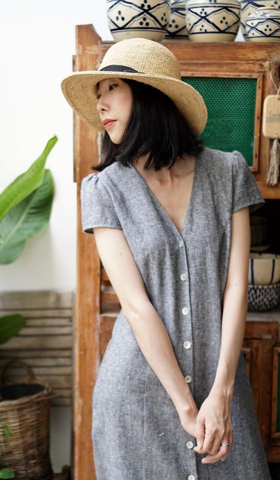 Gray Linen Button Front Maxi Dress, V Neck Short Sleeve A-Line Dress - Image 3