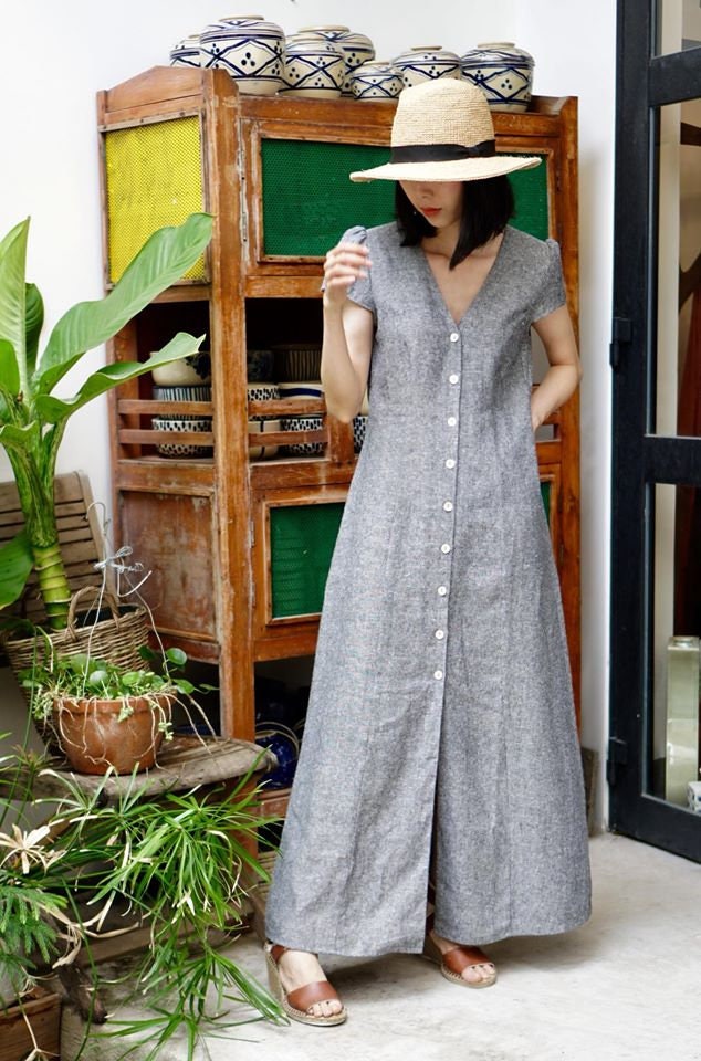 Gray Linen Button Front Maxi Dress, V Neck Short Sleeve A-Line Dress - Image 2