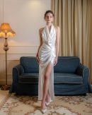 Ivory Silk Halter Maxi Dress, Draped Cowl Neck Ruched Evening Gown