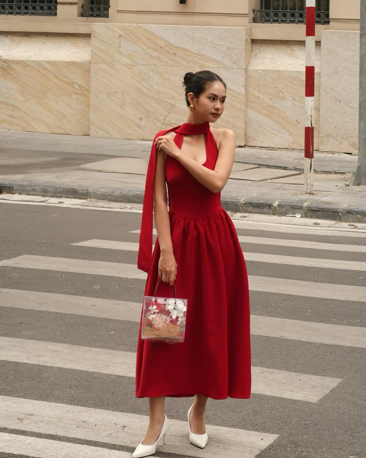 Red Silk Halter Midi Dress, Elegant Fit and Flare Summer Dress - Image 2