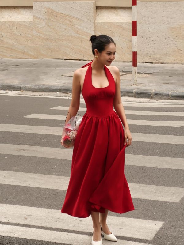 Red Silk Halter Midi Dress, Elegant Fit and Flare Summer Dress