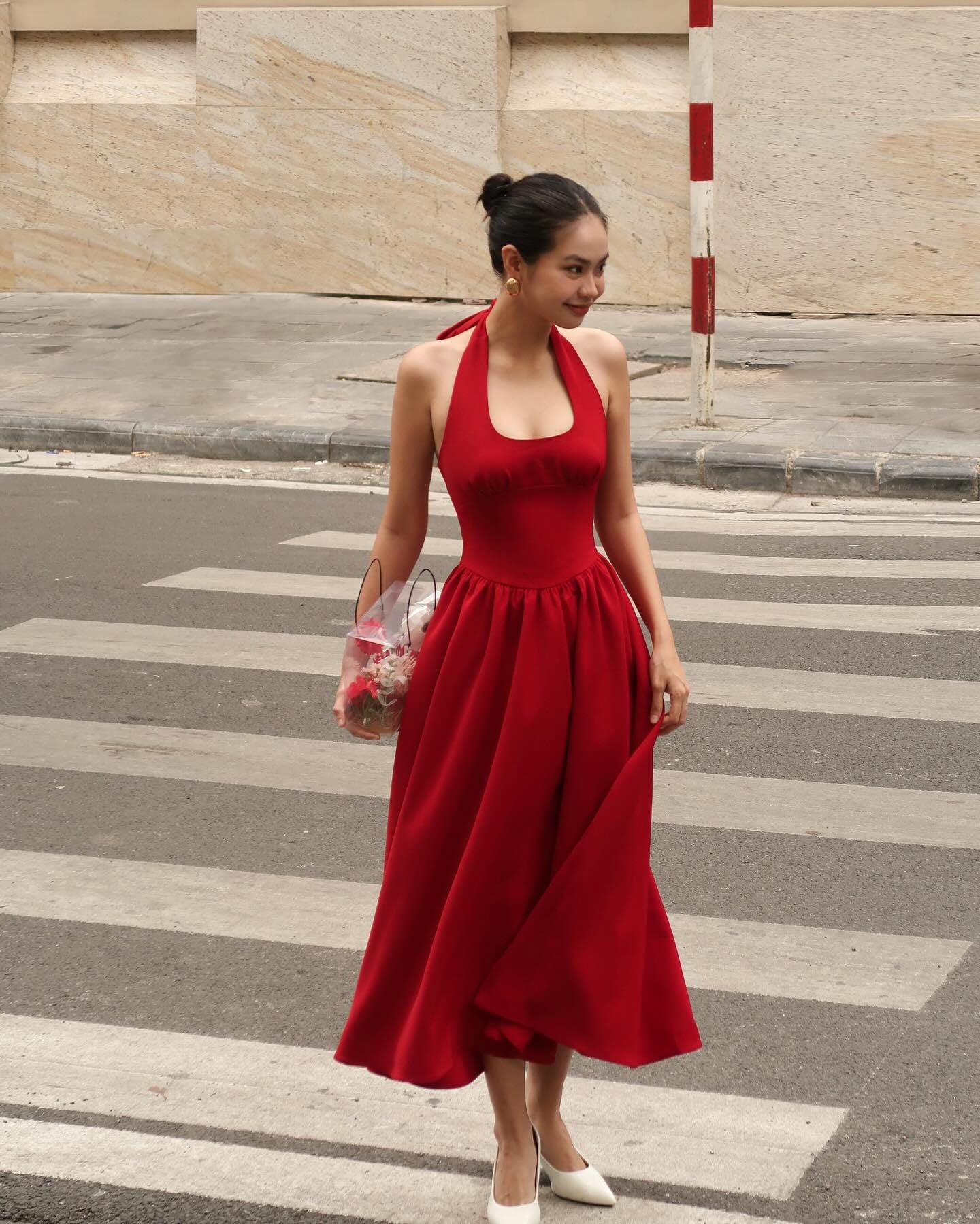 Red Silk Halter Midi Dress, Elegant Fit and Flare Summer Dress