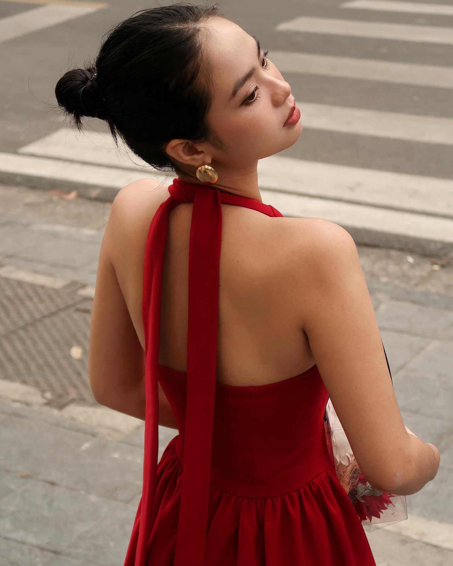 Red Silk Halter Midi Dress, Elegant Fit and Flare Summer Dress - Image 4