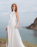 Ivory Silk Asymmetric Halter Maxi Dress, Draped Neck High Slit Wedding Gown