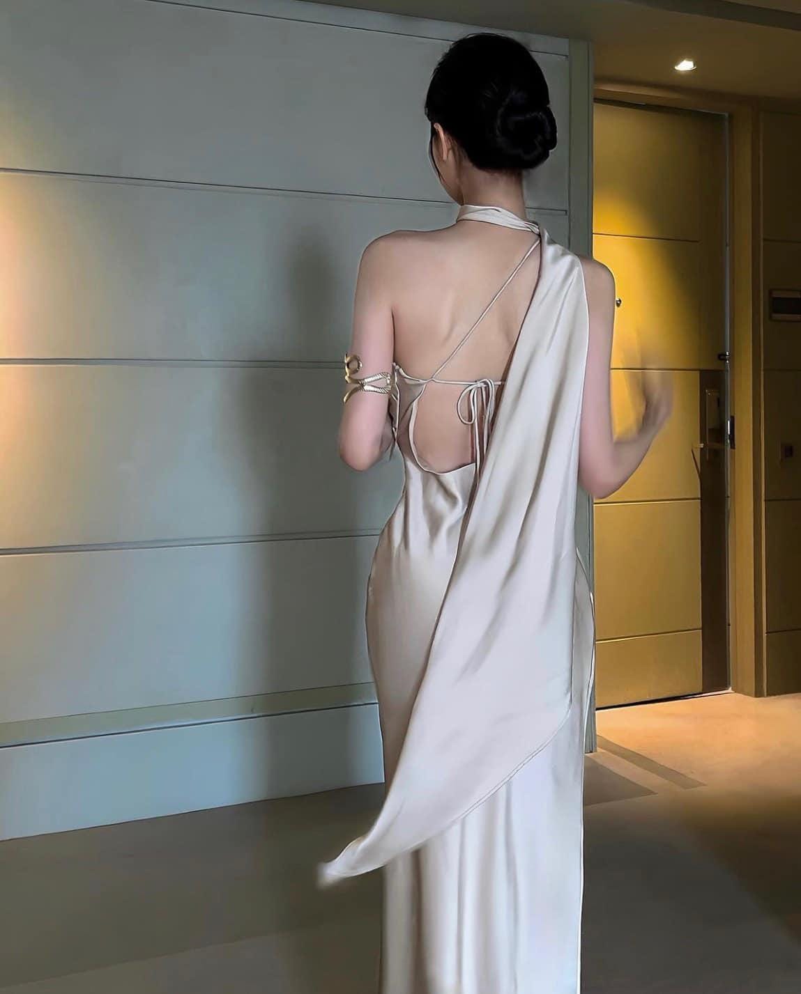 Champagne Silk One Shoulder Maxi Dress, Asymmetric Draped Neck Evening Gown - Image 4