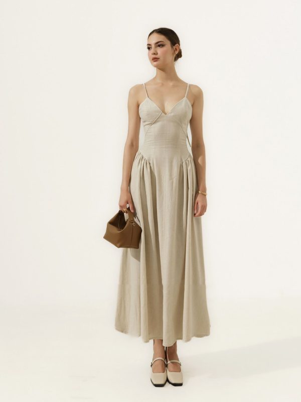 Natural Beige Linen Maxi Dress, Spaghetti Strap Fitted Bodice Sundress