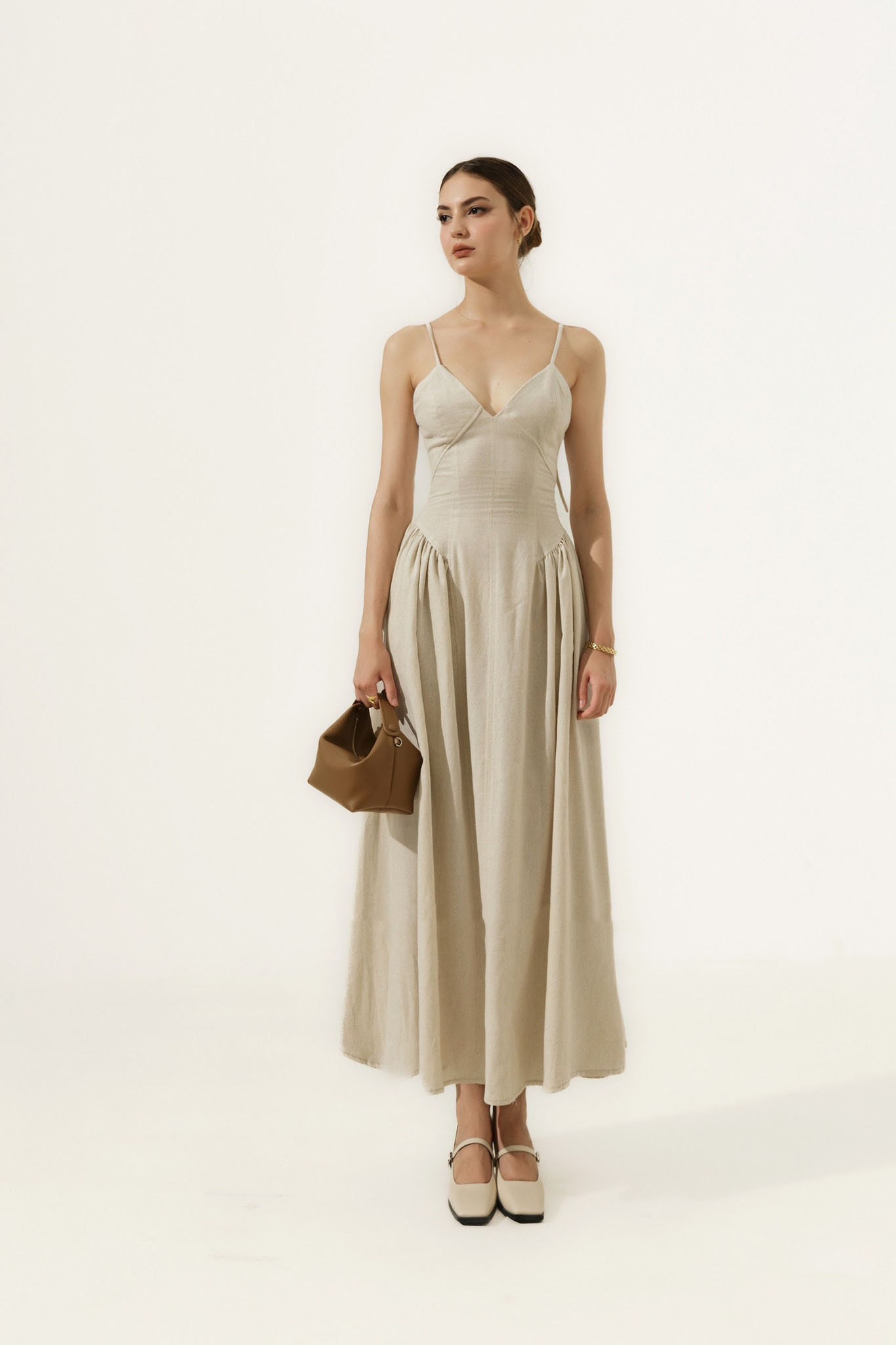 Natural Beige Linen Maxi Dress, Spaghetti Strap Fitted Bodice Sundress