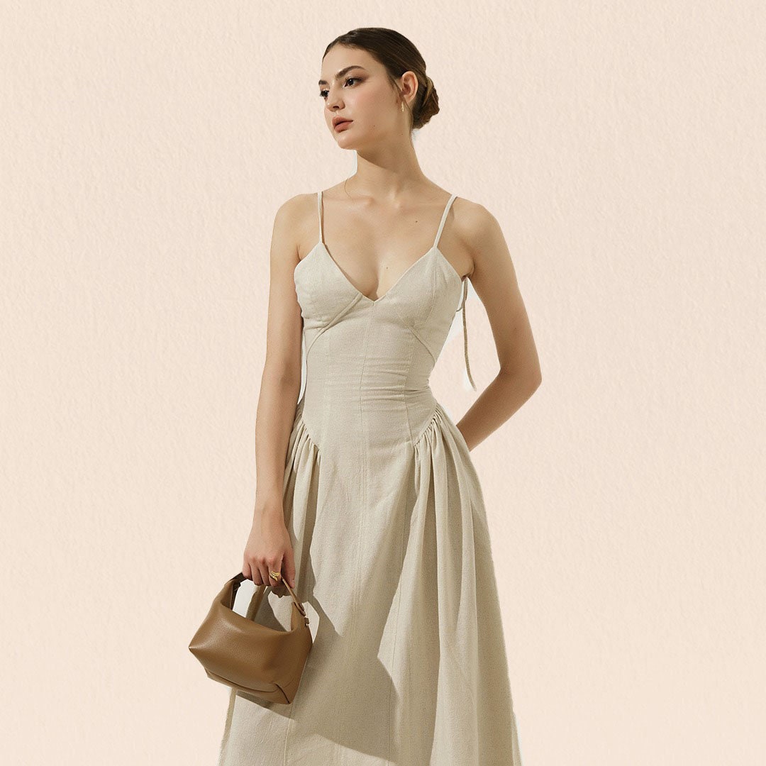 Natural Beige Linen Maxi Dress, Spaghetti Strap Fitted Bodice Sundress - Image 2