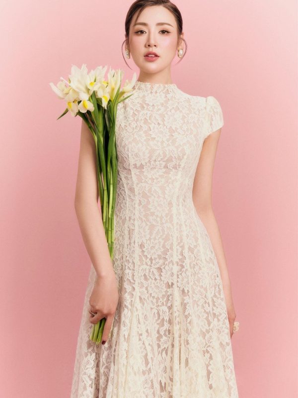 Ivory Lace Maxi Dress, High Neck Cap Sleeve Wedding Gown