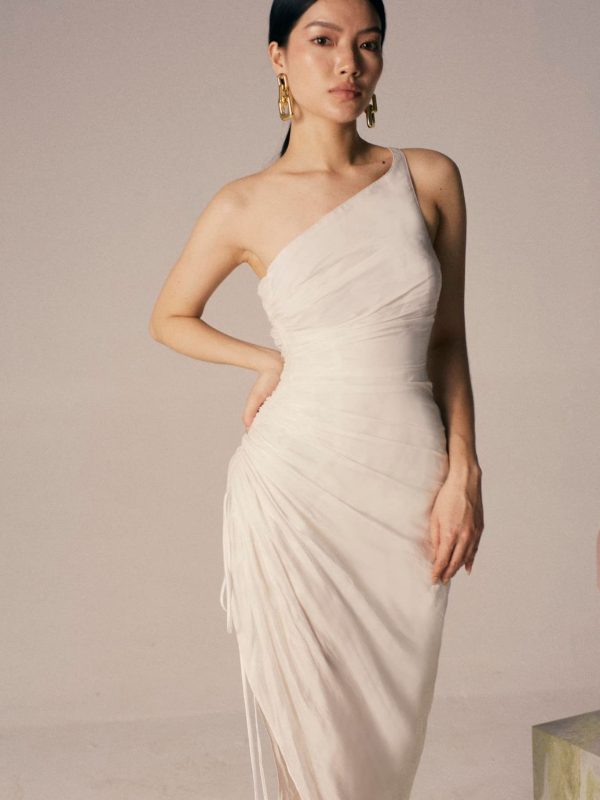 Ivory Silk One Shoulder Midi Dress, Elegant Ruched Asymmetric Wedding Gown