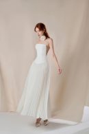 Ivory Silk Strapless Midi Dress, Drop Waist Pleated Wedding Reception Gown