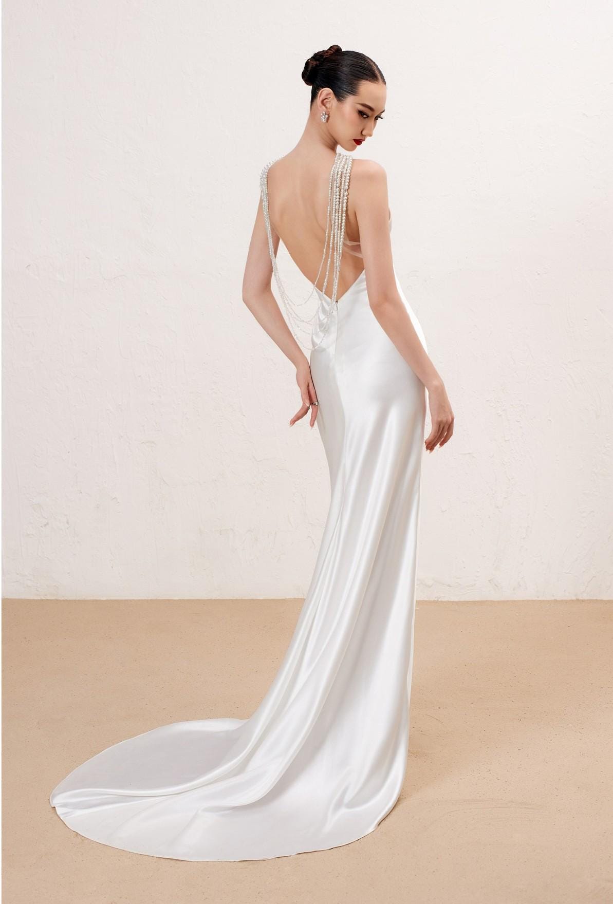 Ivory Silk Halter Wedding Dress, Keyhole Cutout Bridal Gown with Red Floral Accent - Image 3