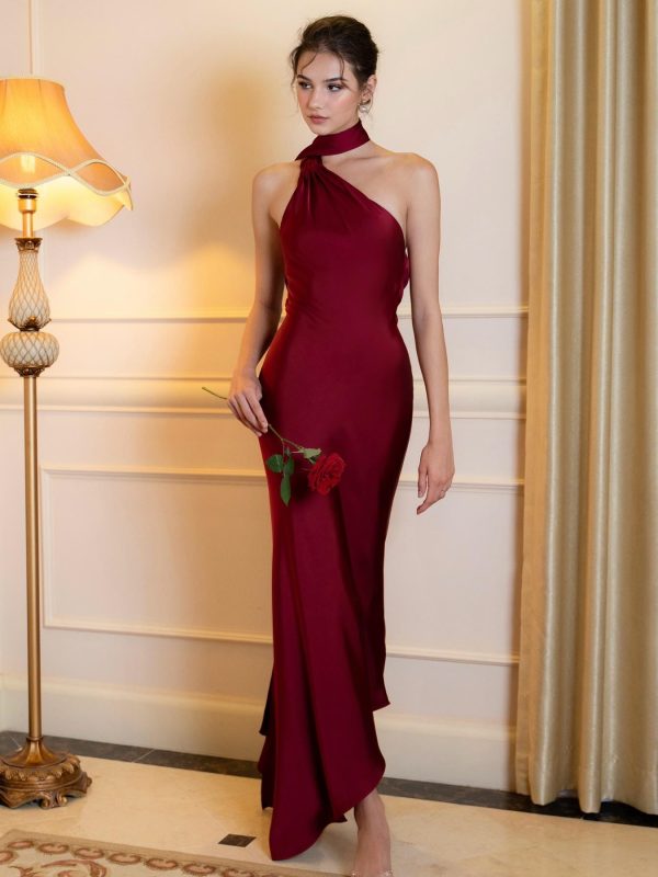Burgundy Silk Halter Maxi Dress, Elegant Asymmetric Neck Evening Gown