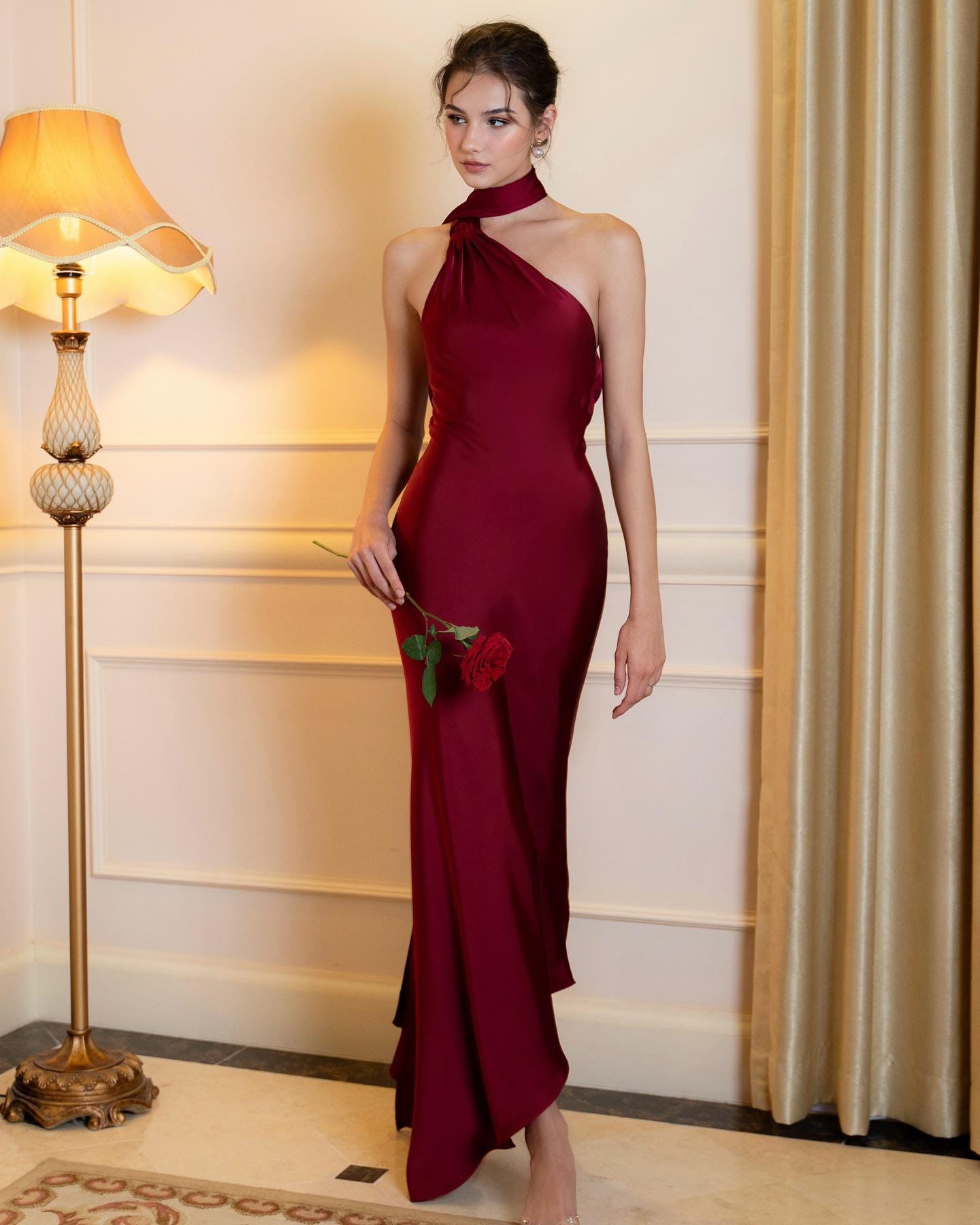 Burgundy Silk Halter Maxi Dress, Elegant Asymmetric Neck Evening Gown