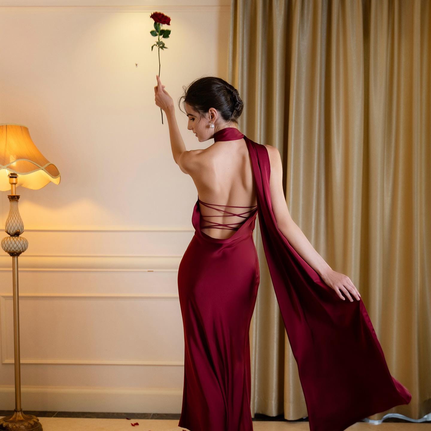 Burgundy Silk Halter Maxi Dress, Elegant Asymmetric Neck Evening Gown - Image 4