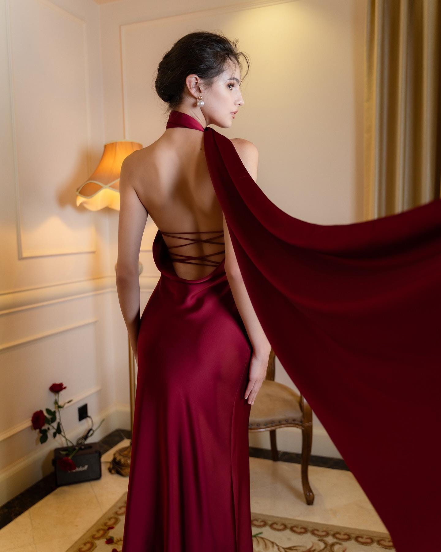 Burgundy Silk Halter Maxi Dress, Elegant Asymmetric Neck Evening Gown - Image 2