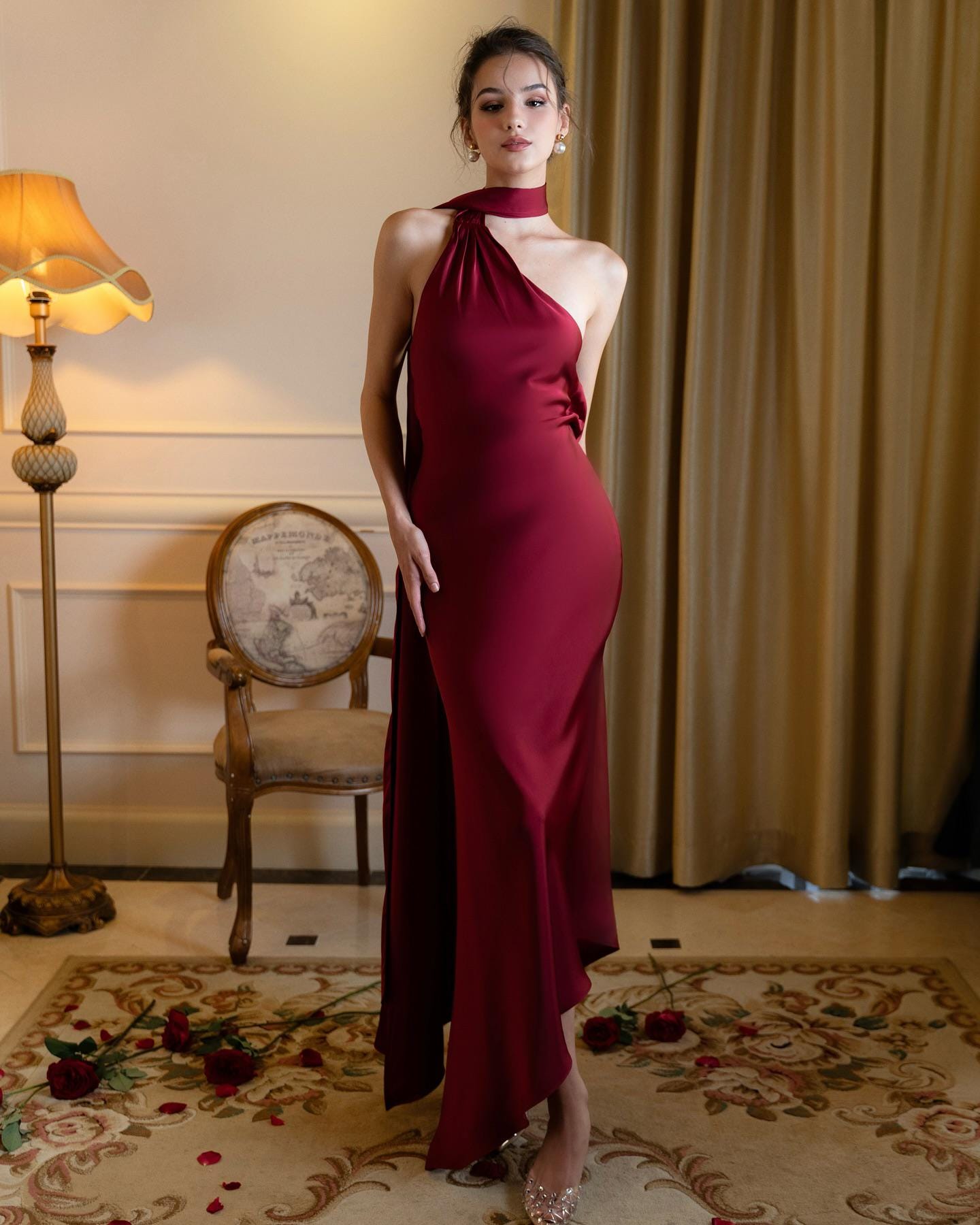 Burgundy Silk Halter Maxi Dress, Elegant Asymmetric Neck Evening Gown - Image 3