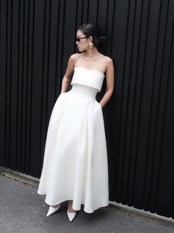 Ivory Silk Strapless Midi Dress, Foldover Bodice A-Line Wedding Gown