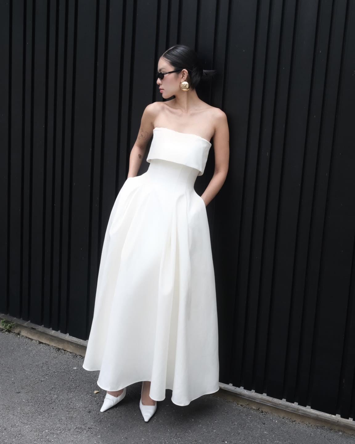 Ivory Silk Strapless Midi Dress, Foldover Bodice A-Line Wedding Gown