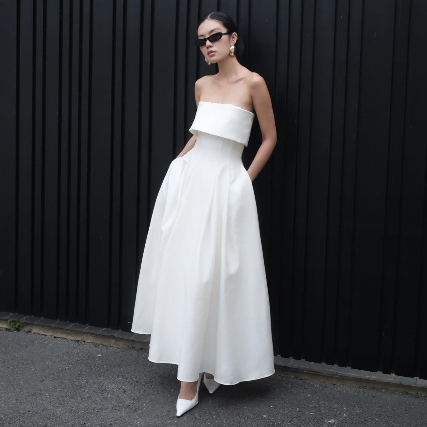 Ivory Silk Strapless Midi Dress, Foldover Bodice A-Line Wedding Gown - Image 2