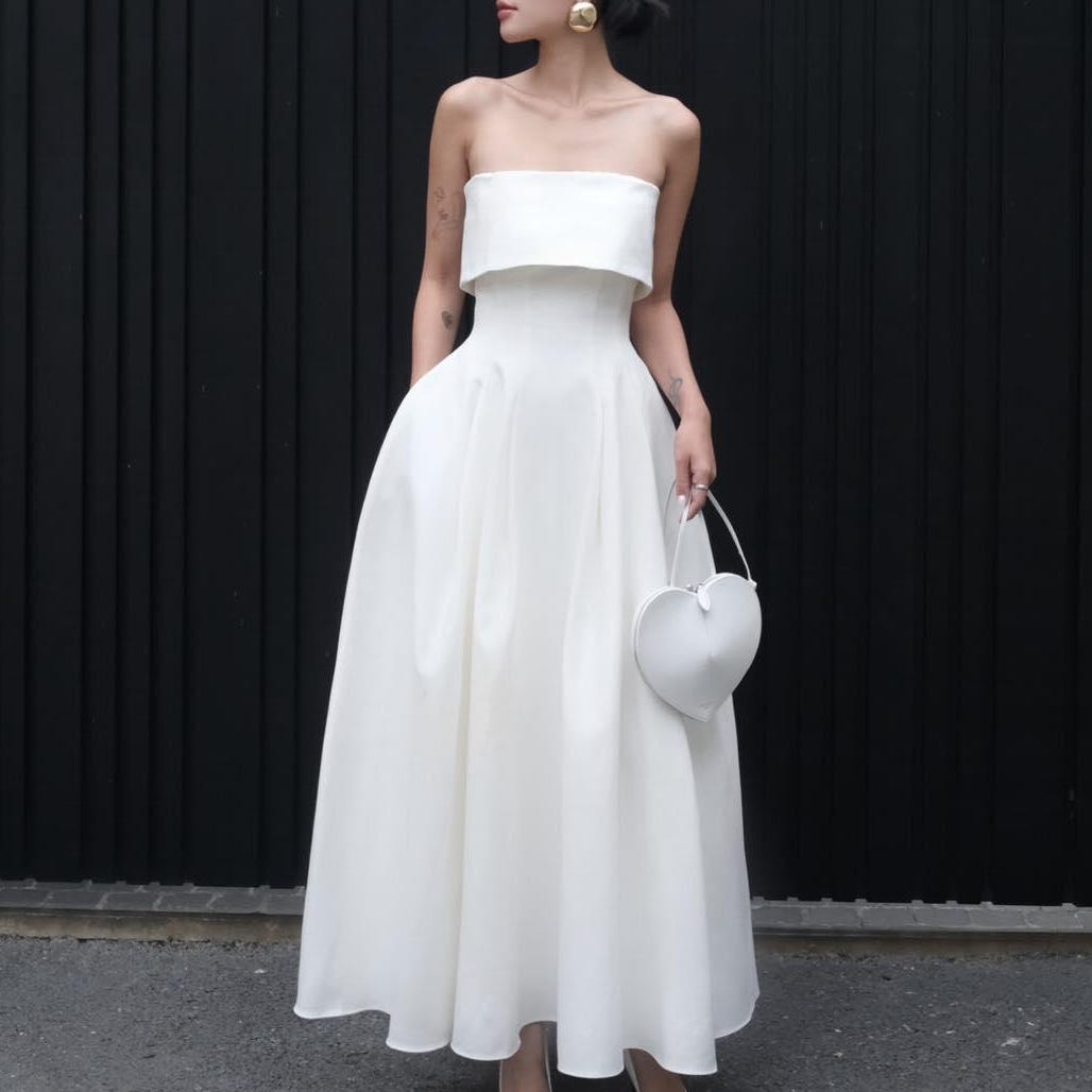 Ivory Silk Strapless Midi Dress, Foldover Bodice A-Line Wedding Gown - Image 3