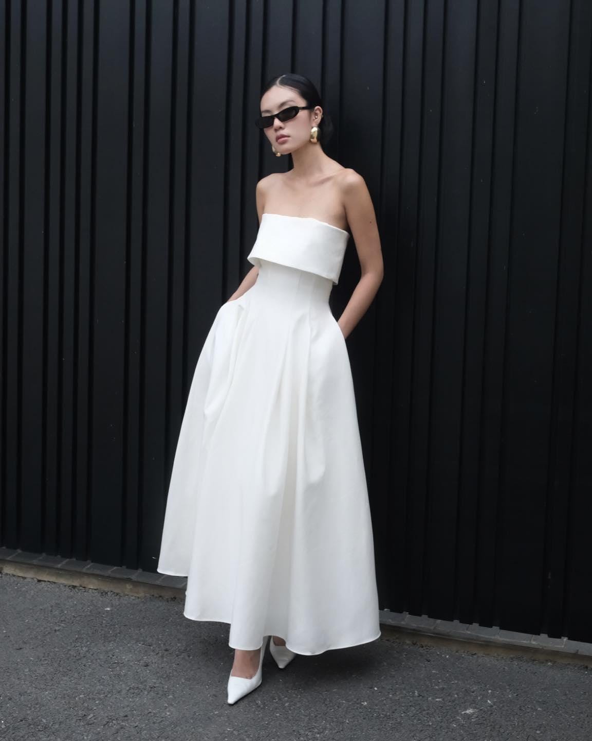 Ivory Silk Strapless Midi Dress, Foldover Bodice A-Line Wedding Gown - Image 4