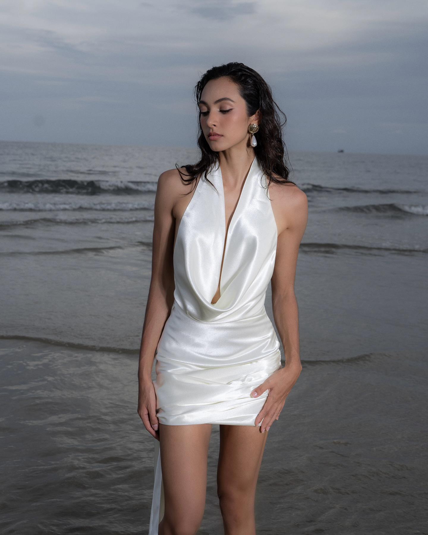 Ivory Silk Halter Mini Dress, Deep V Draped Neck Ruched Party Dress