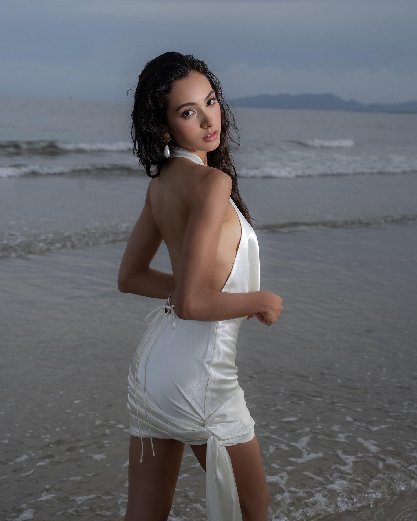 Ivory Silk Halter Mini Dress, Deep V Draped Neck Ruched Party Dress - Image 2