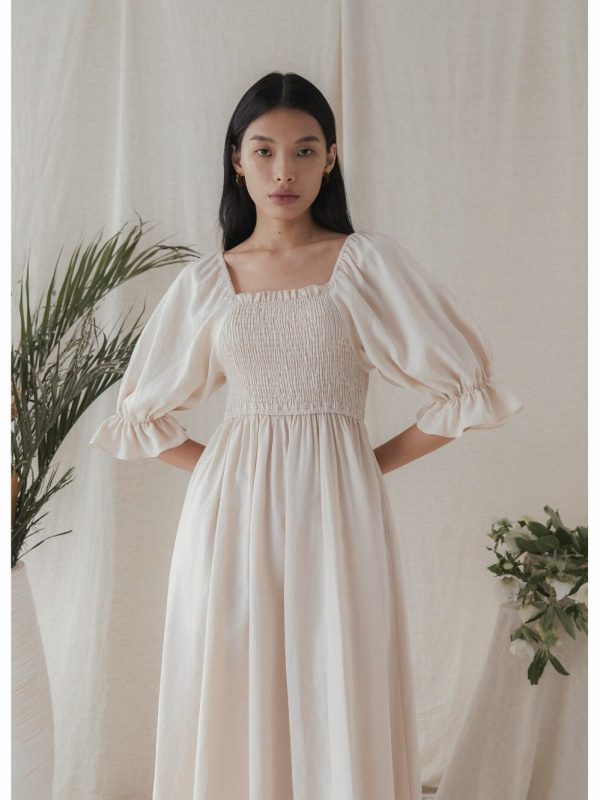 Ivory Silk Smocked Maxi Dress, Romantic Square Neck Puff Sleeve Gown