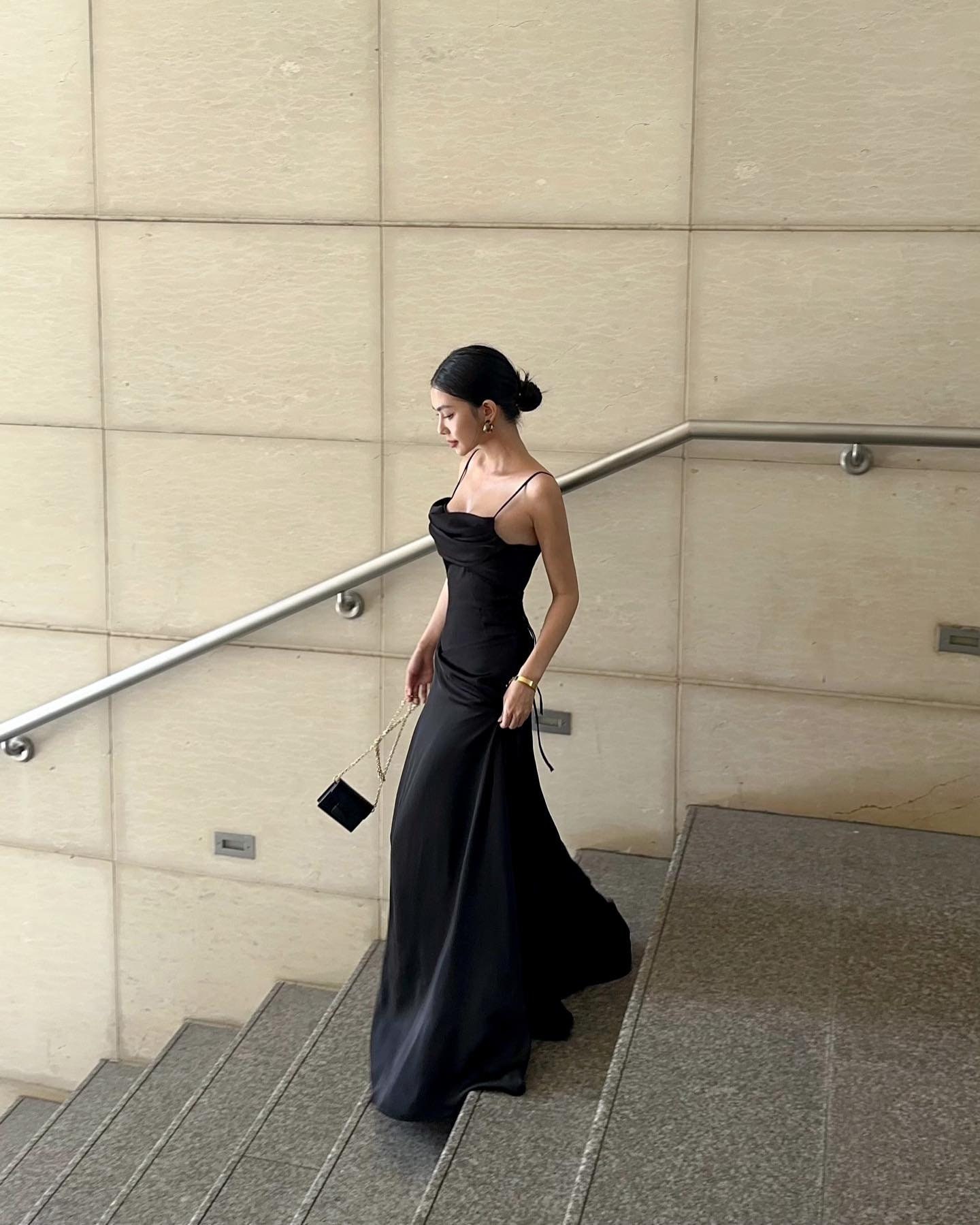 Black Silk Spaghetti Strap Maxi Dress, Elegant Fitted Bodice Evening Gown - Image 2