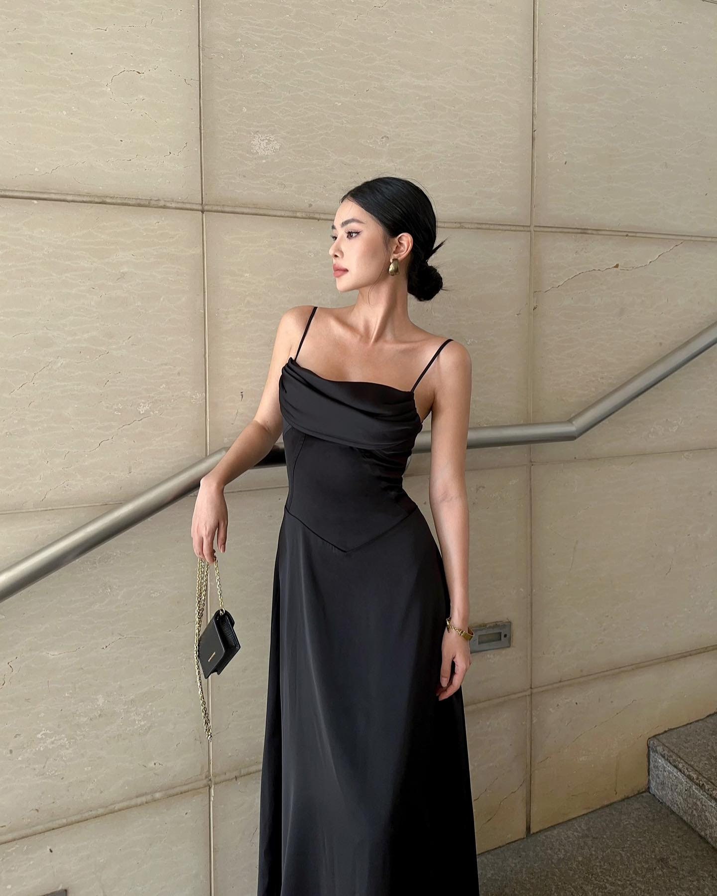 Black Silk Spaghetti Strap Maxi Dress, Elegant Fitted Bodice Evening Gown