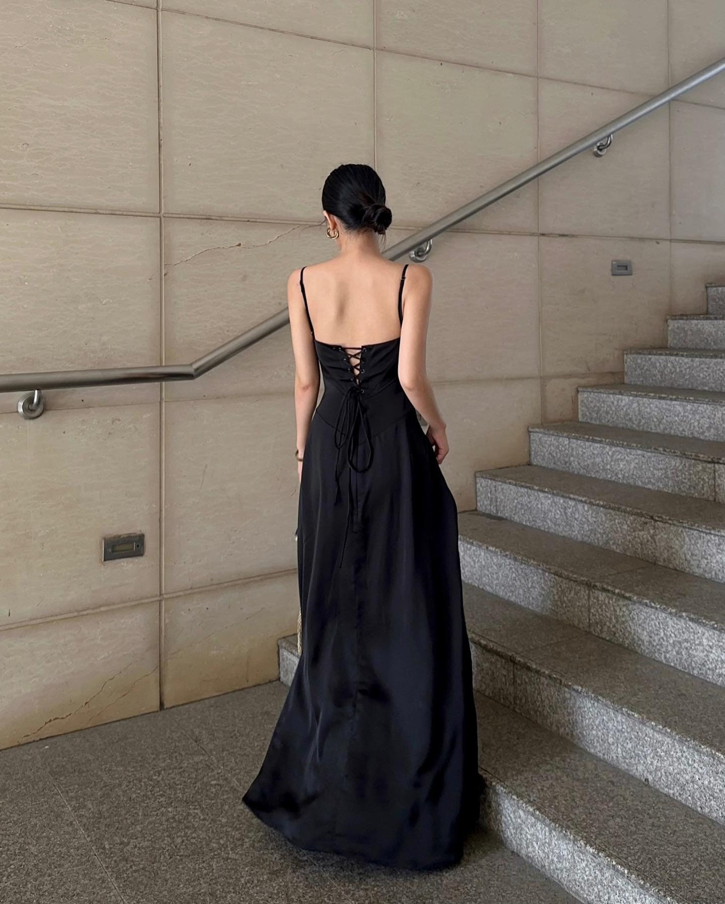 Black Silk Spaghetti Strap Maxi Dress, Elegant Fitted Bodice Evening Gown - Image 3