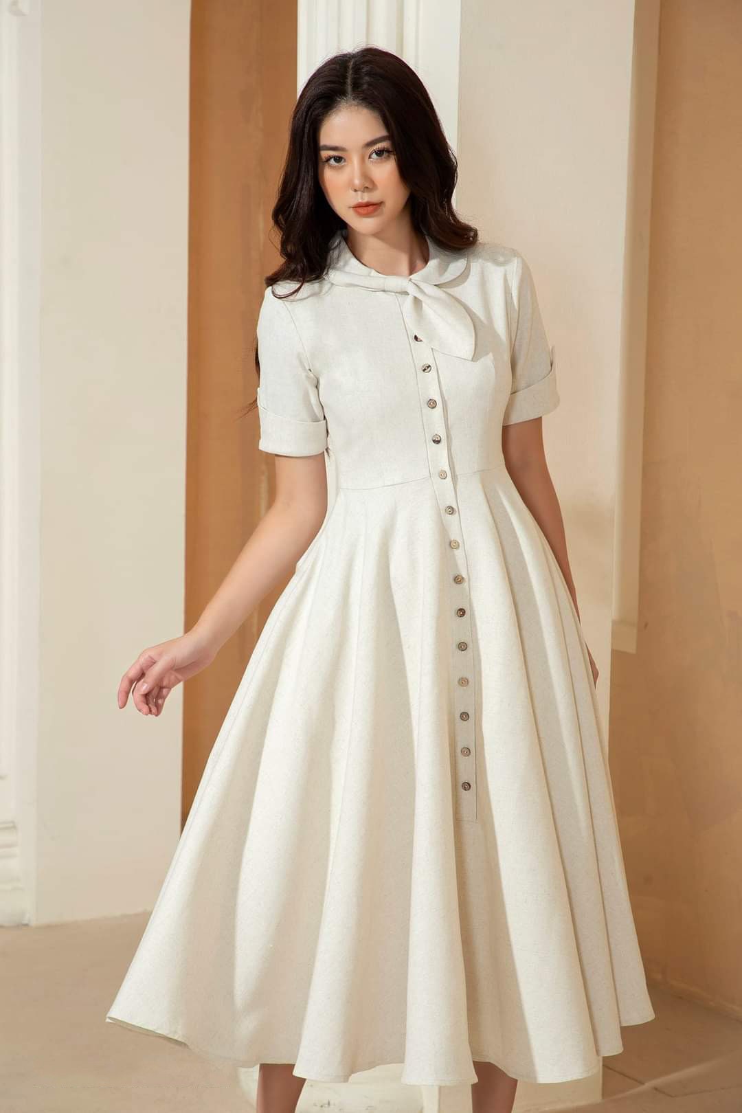 Ivory Linen Button Front Midi Dress, Short Sleeve Collared A-Line Dress