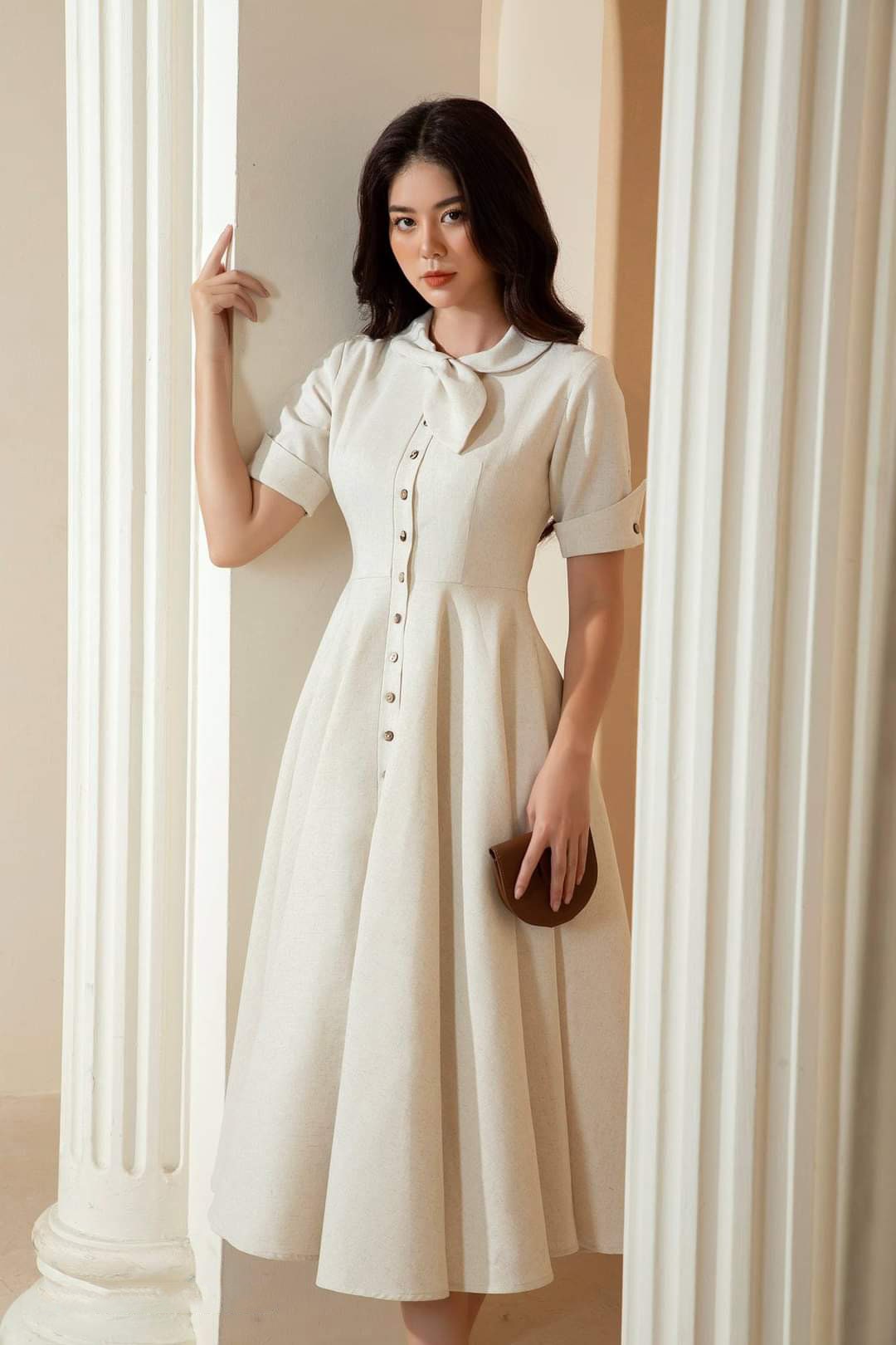 Ivory Linen Button Front Midi Dress, Short Sleeve Collared A-Line Dress - Image 2