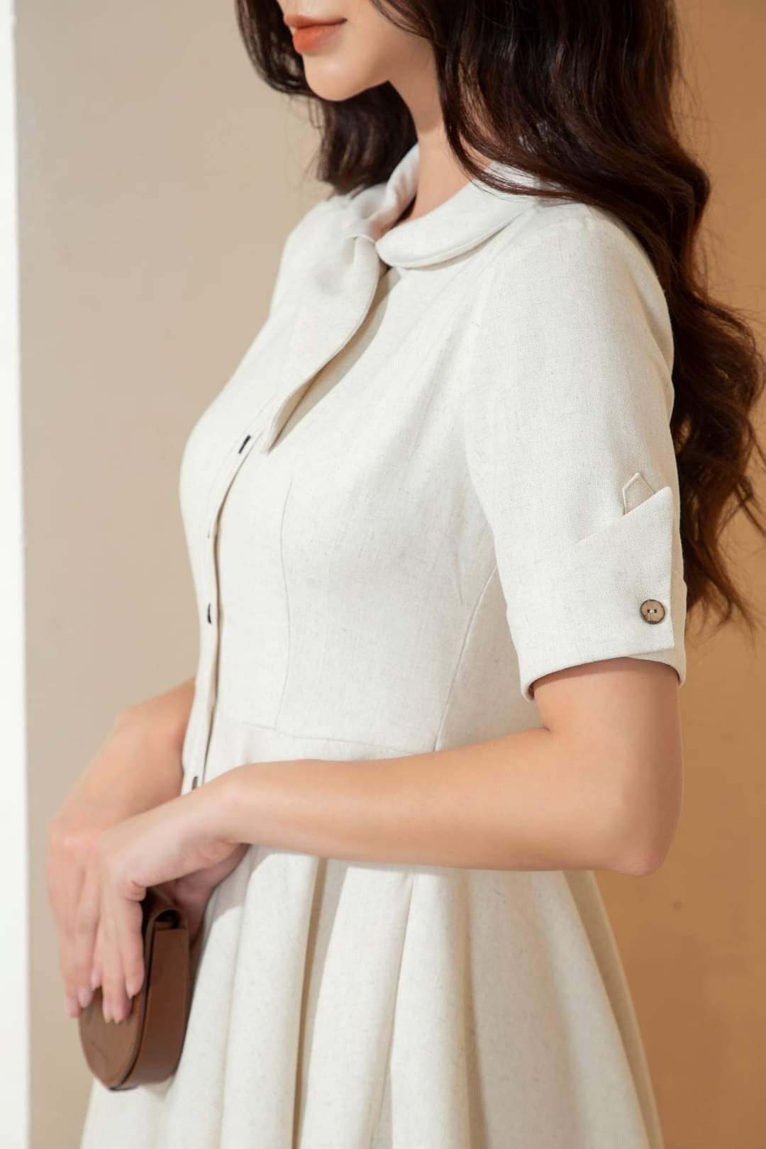 Ivory Linen Button Front Midi Dress, Short Sleeve Collared A-Line Dress - Image 3