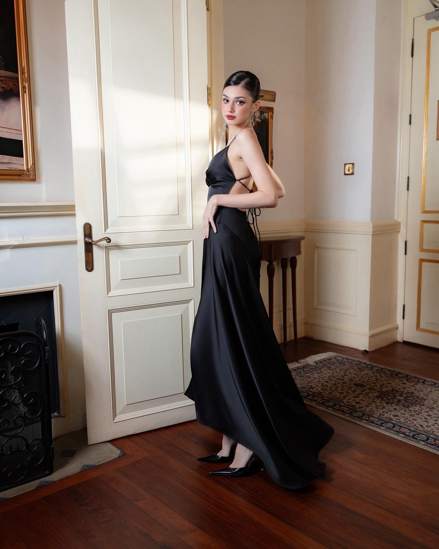 Black Silk Slip Maxi Dress, Spaghetti Strap Cowl Neck Evening Gown - Image 5
