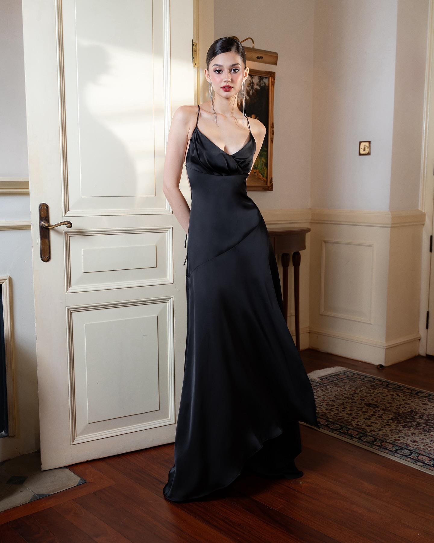 Black Silk Slip Maxi Dress, Spaghetti Strap Cowl Neck Evening Gown - Image 6