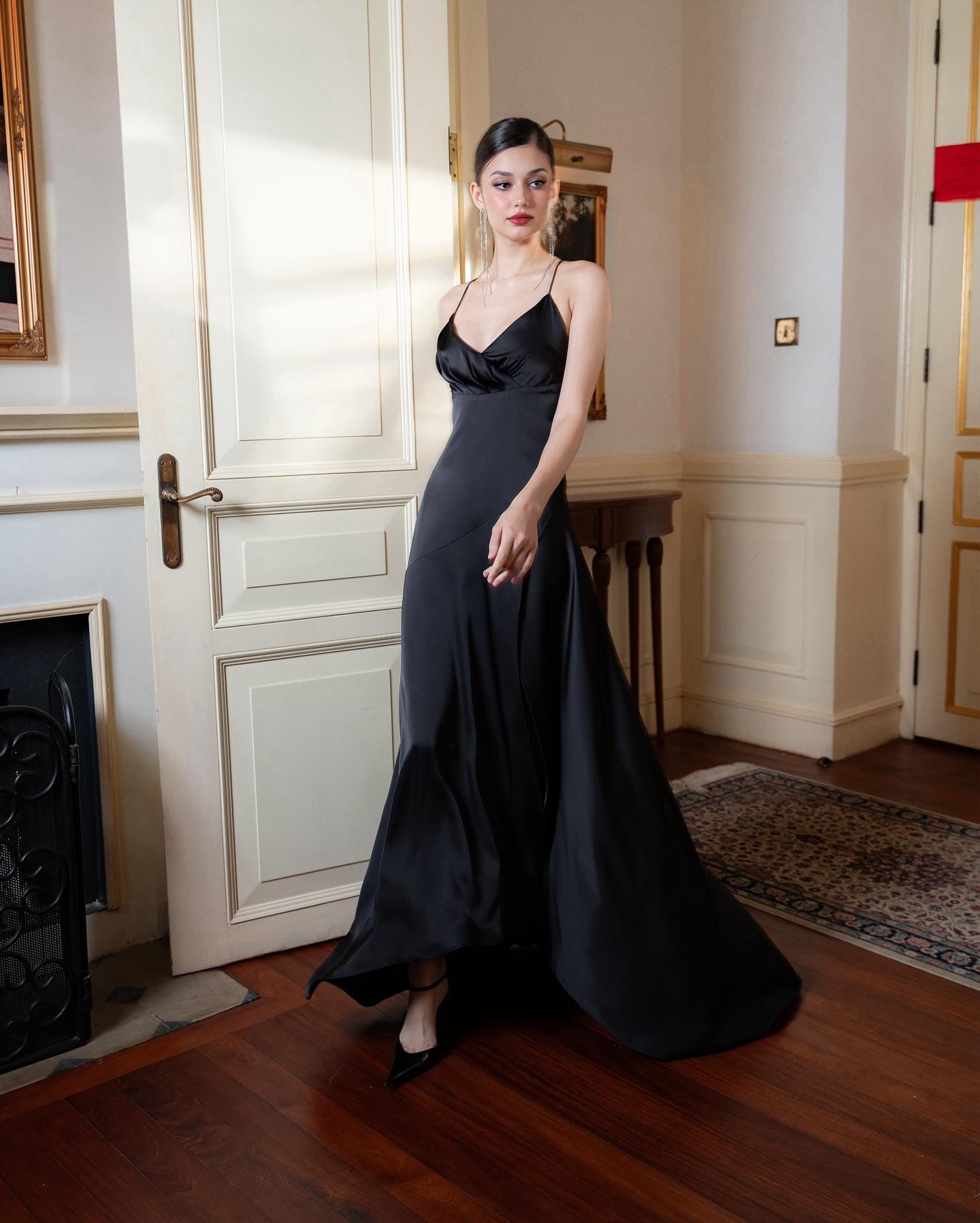Black Silk Slip Maxi Dress, Spaghetti Strap Cowl Neck Evening Gown - Image 3