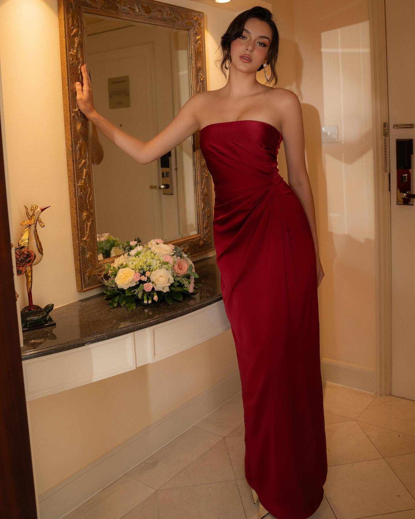 Burgundy Strapless Silk Maxi Dress, Elegant Ruched Draped Evening Gown