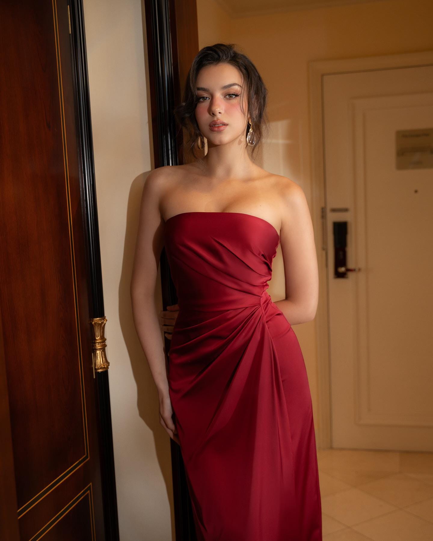 Burgundy Strapless Silk Maxi Dress, Elegant Ruched Draped Evening Gown - Image 2