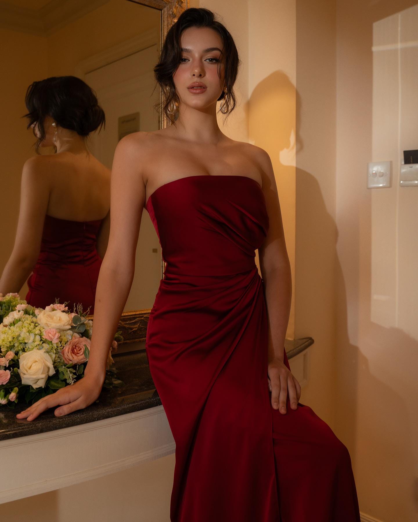 Burgundy Strapless Silk Maxi Dress, Elegant Ruched Draped Evening Gown - Image 4