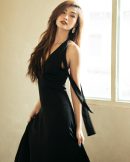 Black Silk Halter Maxi Dress, Deep V Neck Ruched Evening Gown