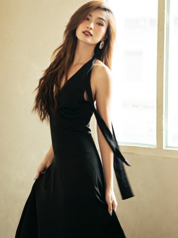 Black Silk Halter Maxi Dress, Deep V Neck Ruched Evening Gown